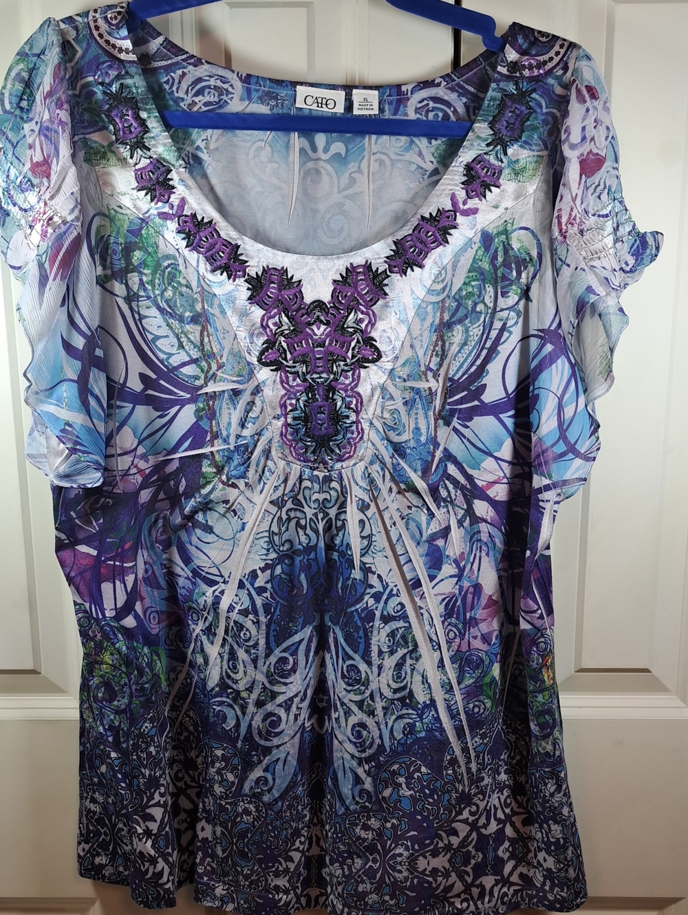 Cato Purple & Blue Embroidered Scoop Neck Tunic